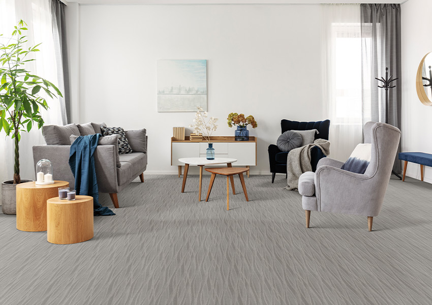 grey pattern carpet in living room with contemporary decor